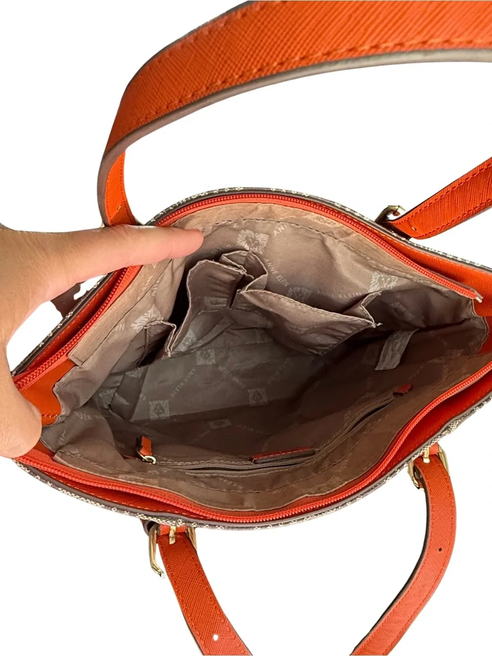 Anne Klein Brown Logo Monogram Tote Bag Orange Trim Shoulder Purse